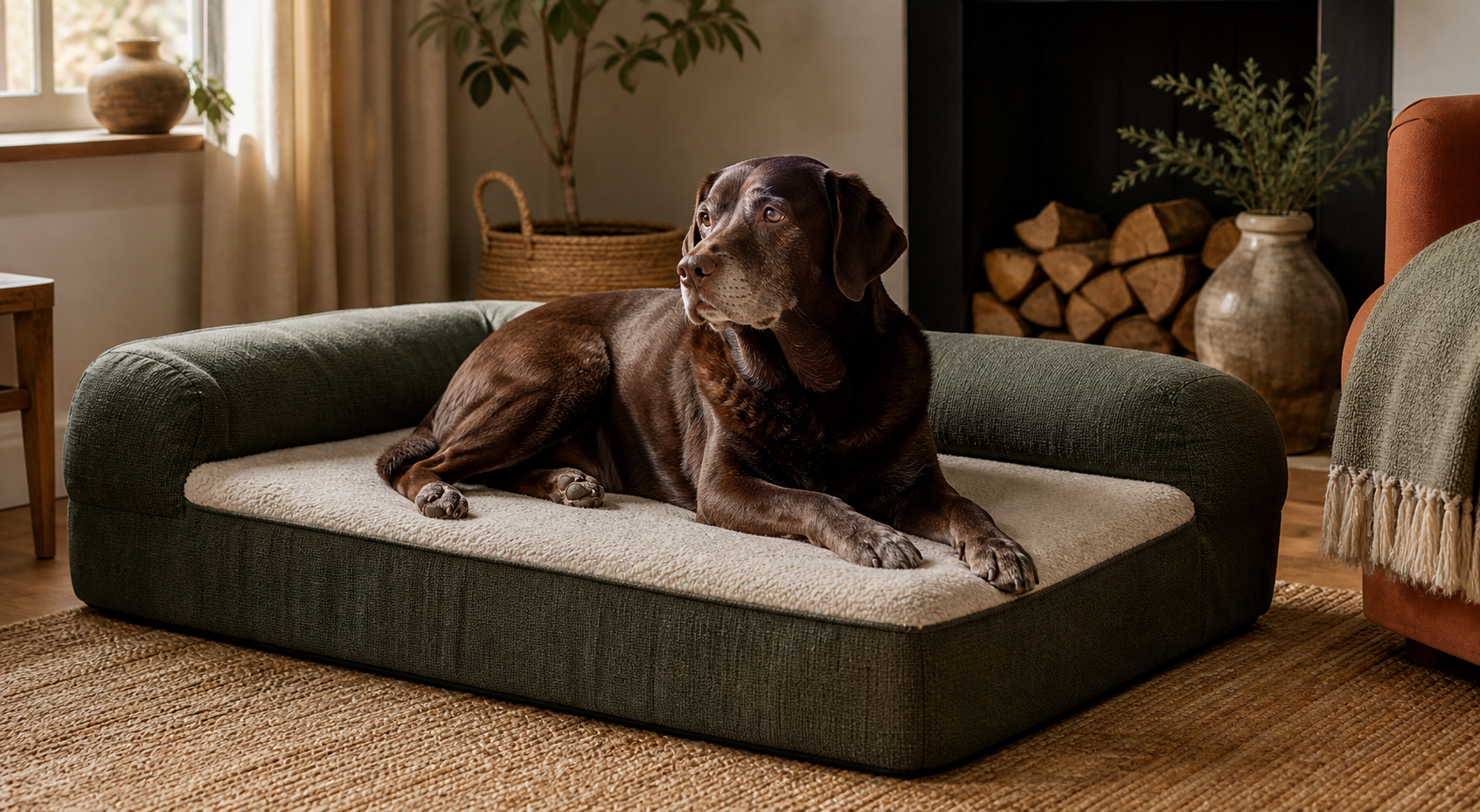 An older chocolate Labrador resting on a generous supportive dog bed